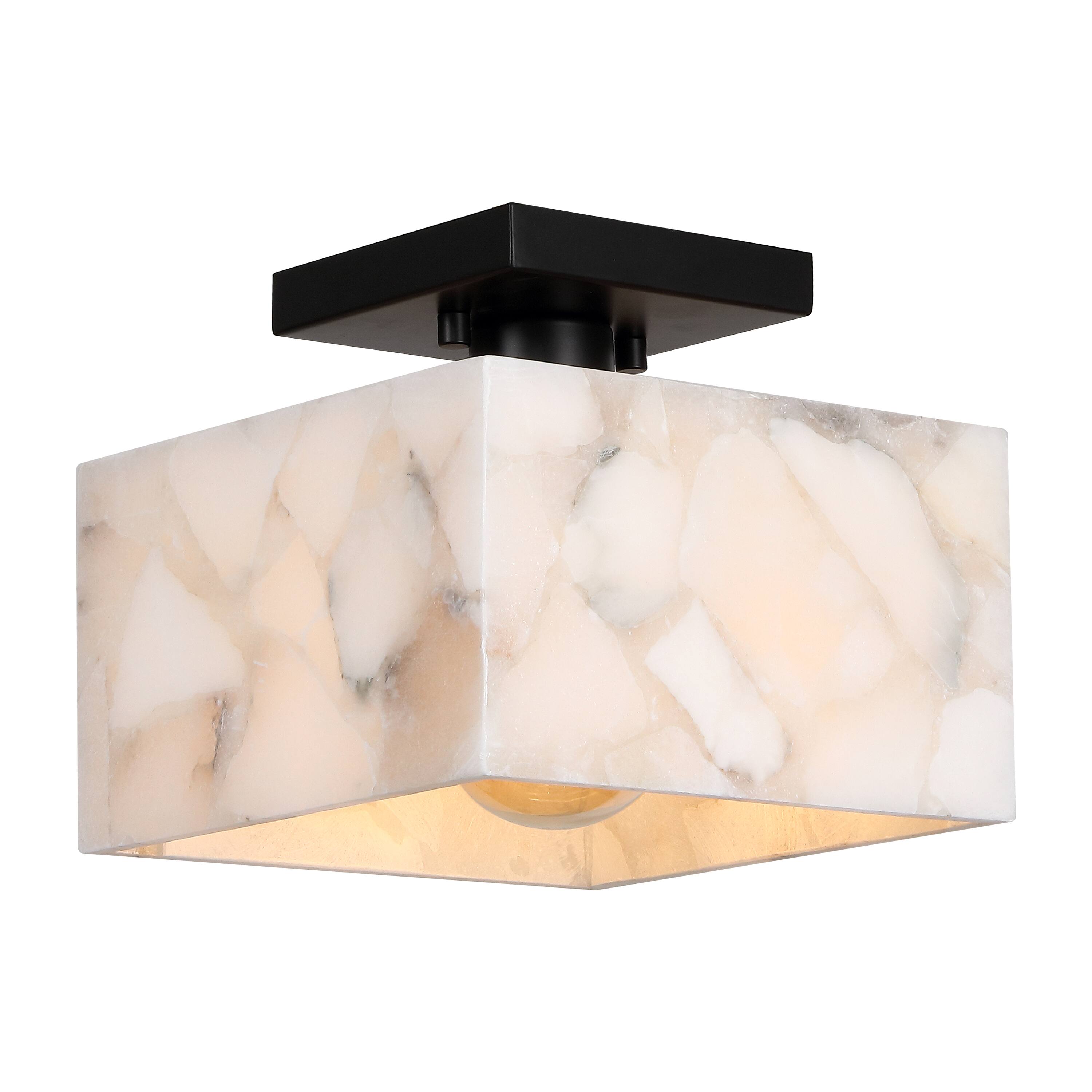 Front. Jonathan Y - Alessia 8" 1-Light Modern Contemporary Alabaster/Iron Square LED Semi Flush Mount, White Marbling/Black - Black/White.