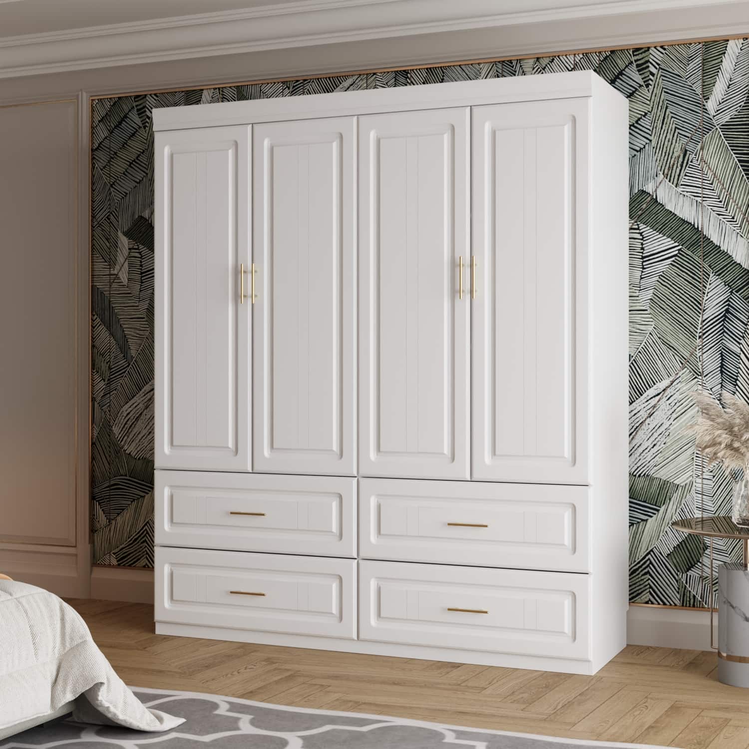 FUFU & GAGA - Modern 63" 4-Door Wardrobe Armoire with Hanging Rail and 4 Drawers – Gold - White