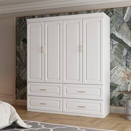 FUFU & GAGA - Modern 63" 4-Door Wardrobe Armoire with Hanging Rail and 4 Drawers – Gold - White