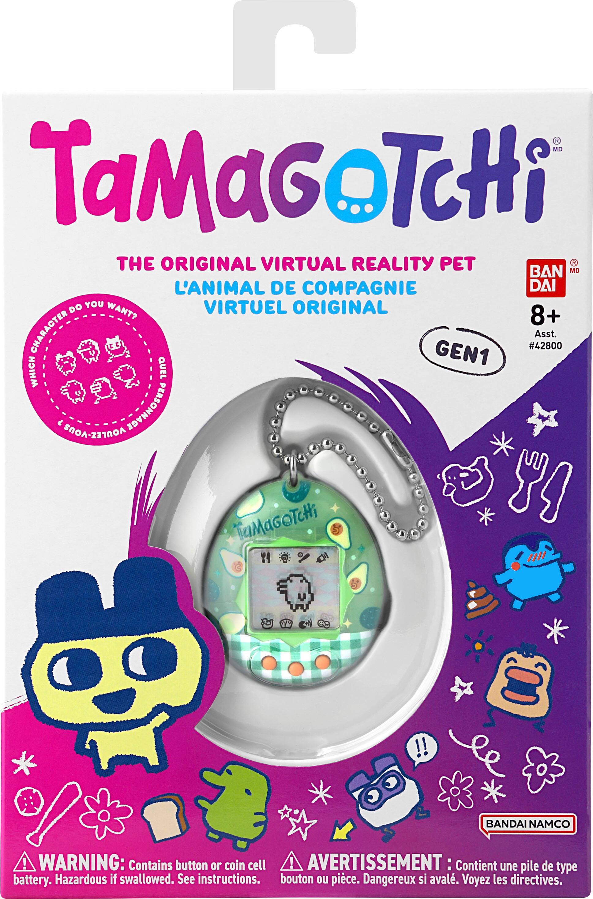 **TaMaGoTcHi**

**THE ORIGINAL VIRTUAL REALITY PET**  
**L'ANIMAL DE COMPAGNIE VIRTUEL ORIGINAL**

**BAN DAI MD**

**GEN1**  
**8+**  
**Asst. #42800**

**CHARACTER DO YOU WANT?**  
**QUEL PERSONNAGE VOUS FAUT?**

**WARNING: Contains button or coin cell battery. Hazardous if swallowed. See instructions.**  
**AVERTISSEMENT: Contient une pile de type bouton ou pièce. Dangereux si avalé. Voyez les directives.**

**BANDAI NAMCO**