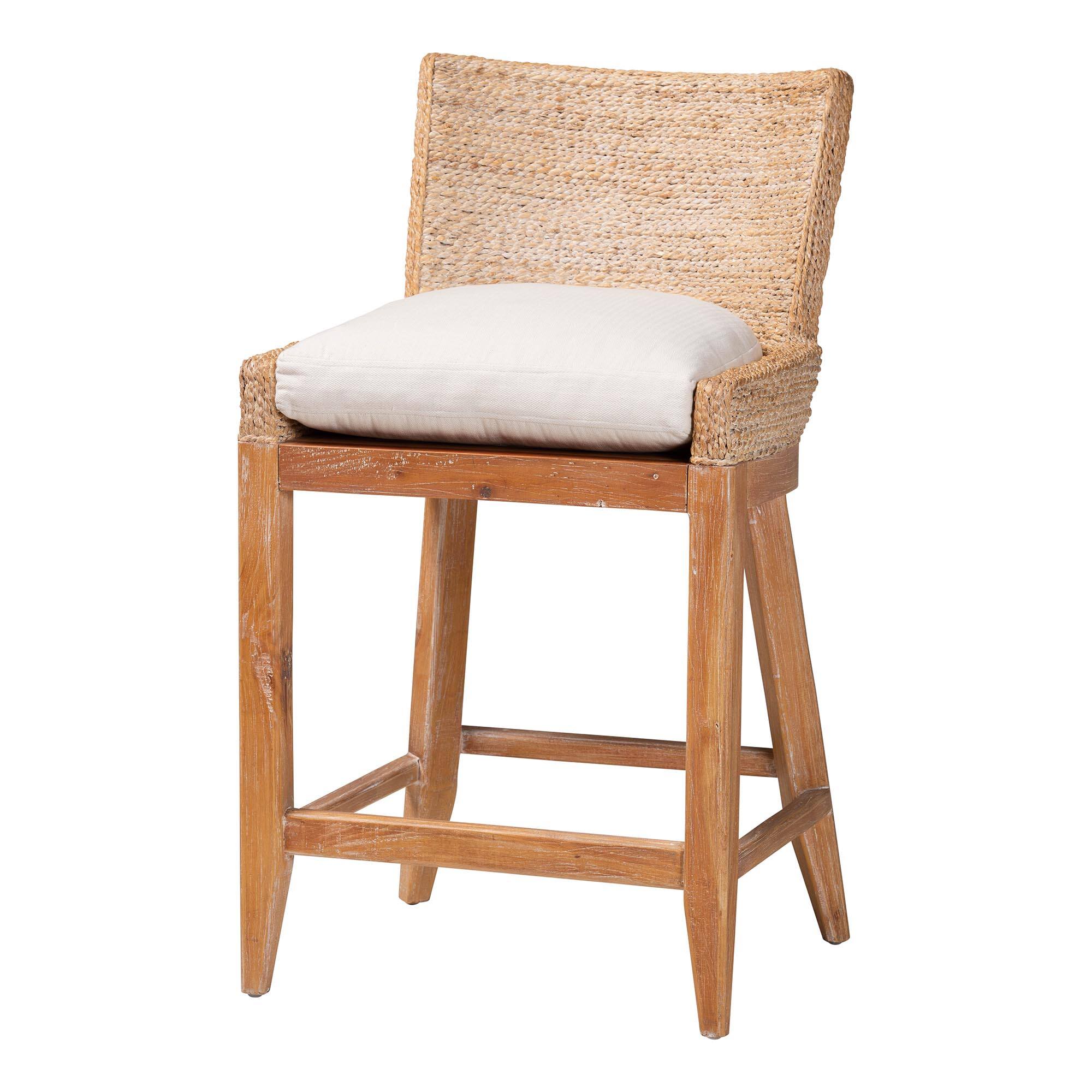 bali & pari - Ridley Seagrass Counter Stool with Mahogany Wood Frame - Seating with Woven Square Back and Cushioned Seat - White Wash
