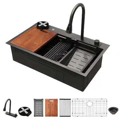 Front. Lordear - 33x19 in. Drop-In Single Bowl 16 Gauge Gunmetal Black Stainless Steel Workstation Kitchen Sink with Waterfall Faucet - Gunmetal Black.