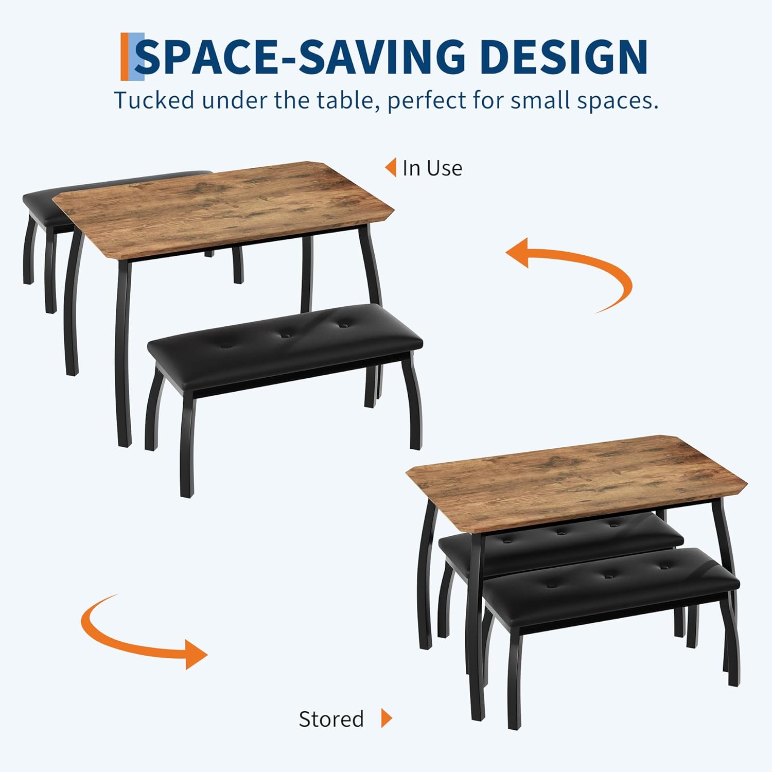 SPACE-SAVING DESIGN  
Tucked under the table, perfect for small spaces.  

In Use  
Stored