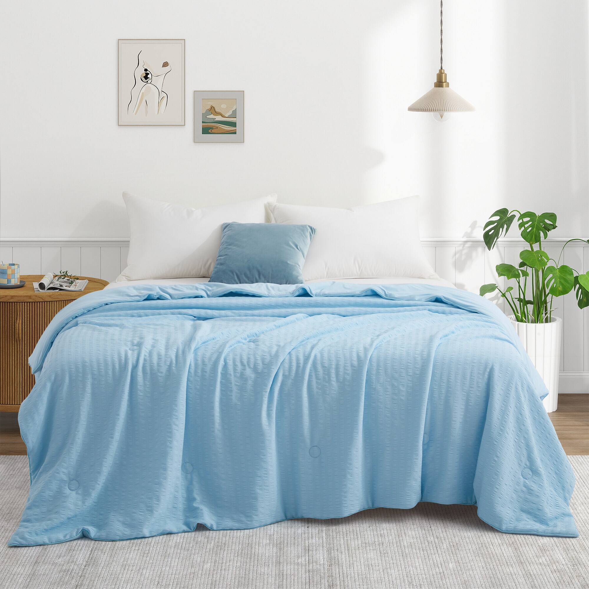 Front. Peace Nest - Peace Nest Cooling Seersucker Bed Blanket, Lightweight Comforter for Hot Sleepers, Blue, King - Blue.