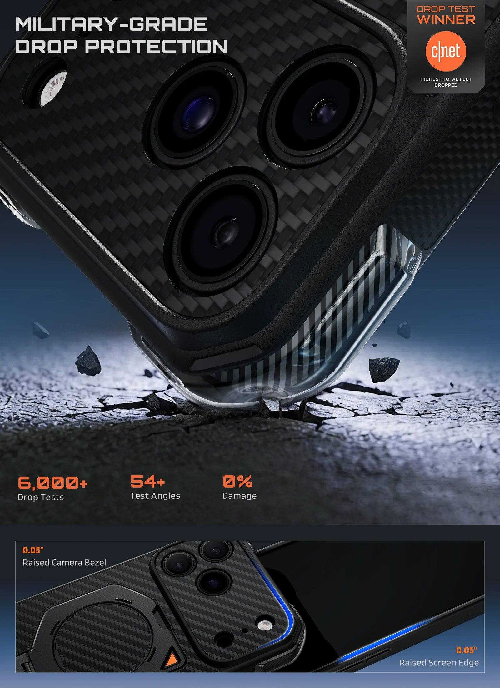 MILITARY-GRADE DROP PROTECTION

DROP TEST WINNER
c|net
HIGHEST TOTAL FEET DROPPED

6,000+ Drop Tests
54+ Test Angles
0% Damage

0.05" Raised Camera Bezel
0.05" Raised Screen Edge