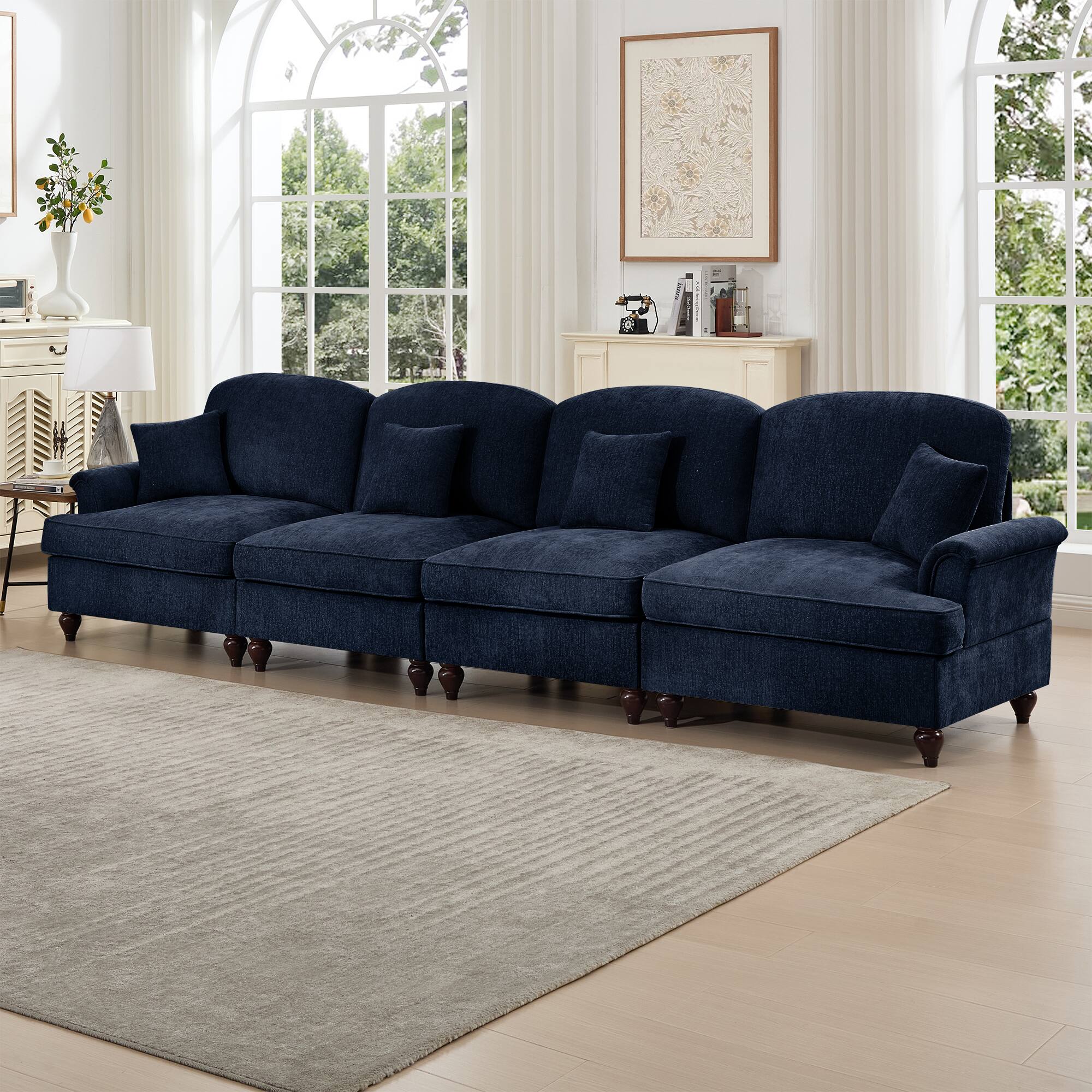 Angle. Anysun - Mid-Century Chenille 4-Seat Sofa - Flared Arms, Ruffled Skirt & Spindle Legs for Living Room - Blue.