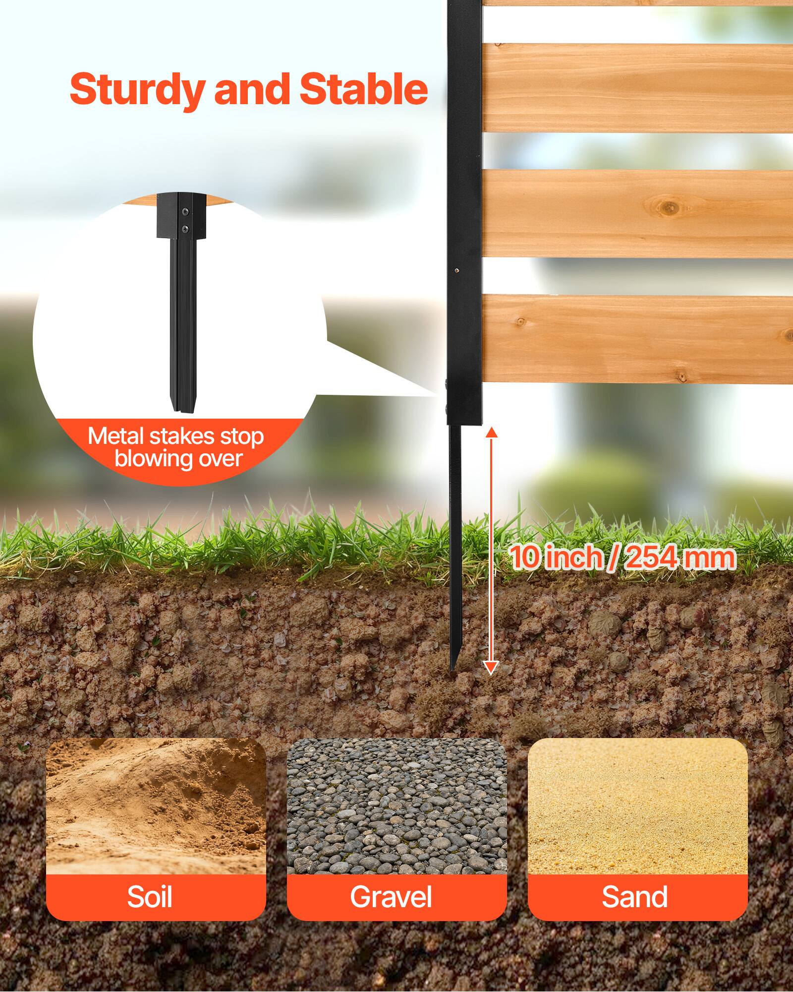 Sturdy and Stable Metal stakes stop blowing over 10 inch/254 mm Soil Gravel Sand