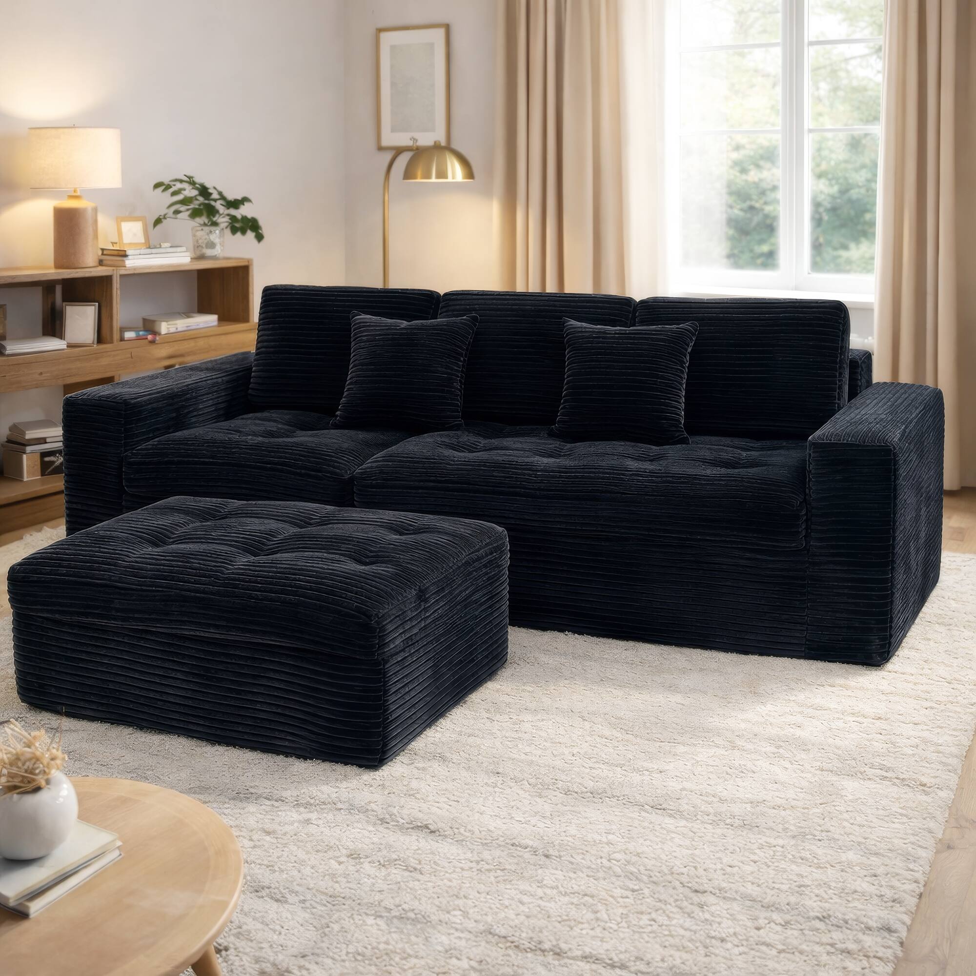 Angle. Anysun - 105" Modular Cloud Sofa Set with Ottoman, DIY Sectional, Pure Foam & Faux Rabbit Fur Velvet for Living Room - Black.