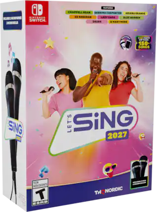2 MICROPHONES NINTENDO INCLUDES SWITCH. 2 MICROS INCLUS FEATURING CHAPPELL ROAN SABRINA CARPENTER ARIANA GRANDE ED SHEERAN LADY GAGA ALEX WARREN DRAKE & MANY MORE COMPATIBLE 1 FREE MONTH VIP PASS 150+ SONGS LET'S SING 2027 - ESRB TEEN ADOLESCENTS 2 MICS INCLUDES INCLUS 2 MICRO - T (Teen 13+)