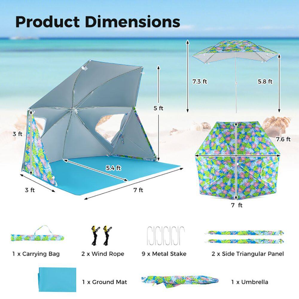 Product Dimensions:  
- 7.3 ft  
- 5.8 ft  
- 5 ft  
- 3 ft  
- 7.6 ft  
- 5.4 ft  
- 3 ft  
- 7 ft  
- 7 ft  

Included Items:  
- 1 x Carrying Bag  
- 2 x Wind Rope  
- 9 x Metal Stake  
- 2 x Side Triangular Panel  
- 1 x Ground Mat  
- 1 x Umbrella