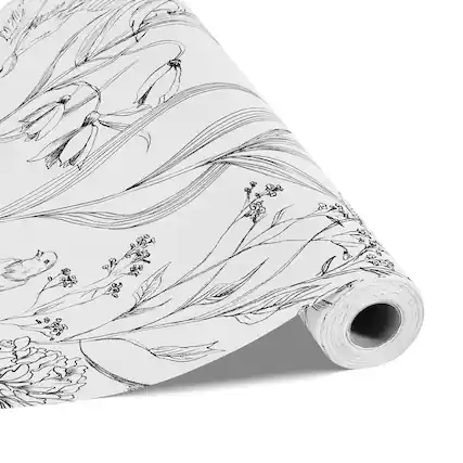 Front. VEVOR - Peel and Stick Wallpaper, 17.7 x 393.7 inch Contact Paper White Line Art Botanical Floral Waterpoof Self Adhesive - White, Black.