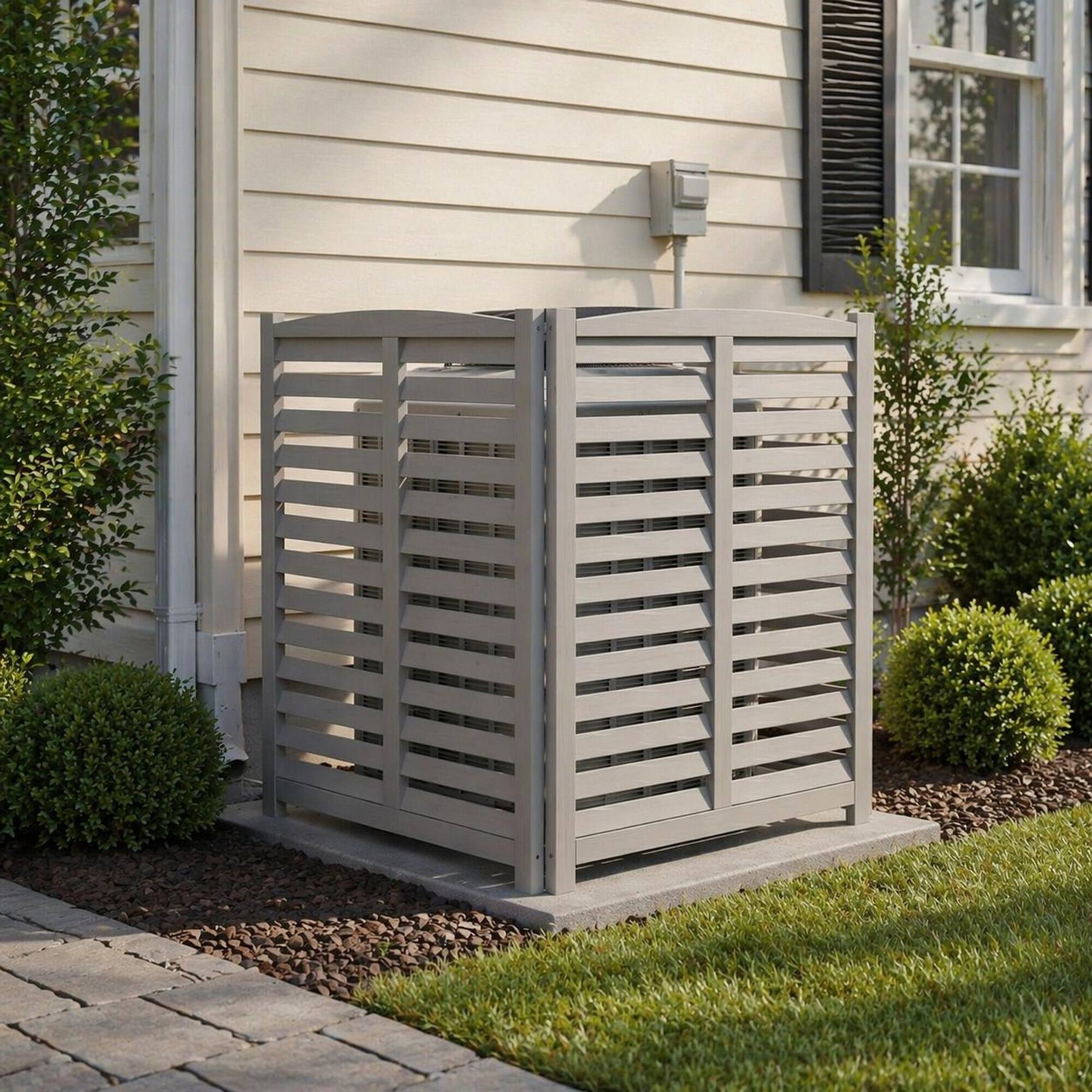 Alt View 2. RYHNUYNE - 3-Panel Outdoor Wood Privacy Screen for Air Conditioner, 3-Section Freestanding Fence 32x38 Inch, Patio Garden - Grey.