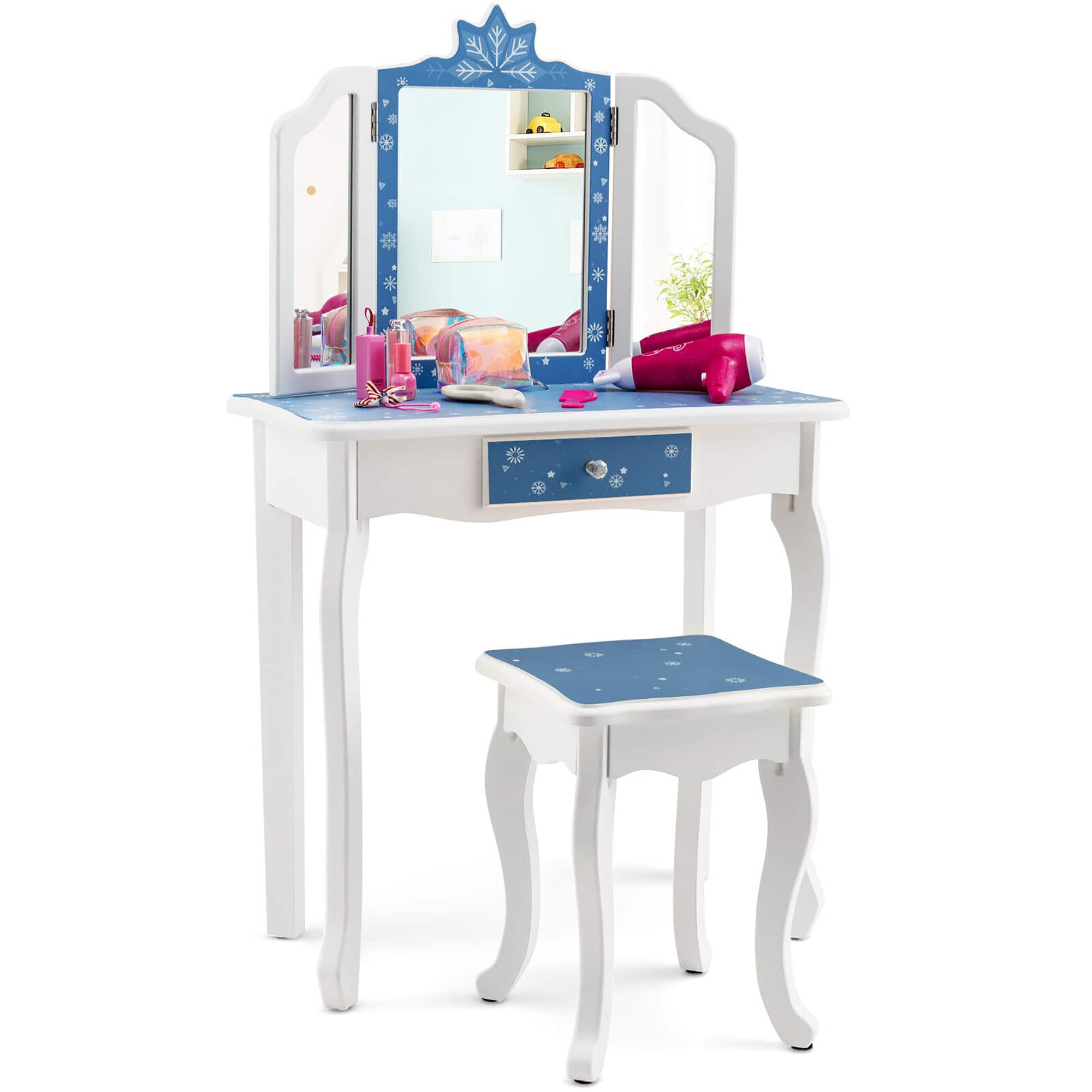 Gymax - Kid Vanity Set Wooden Makeup Table Stool Tri-Folding Mirror Snowflake Print Blue - Blue + White