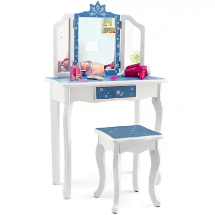 Front. Gymax - Gymax Kid Vanity Set Wooden Makeup Table Stool Tri-Folding Mirror Snowflake Print Blue - Blue + White.
