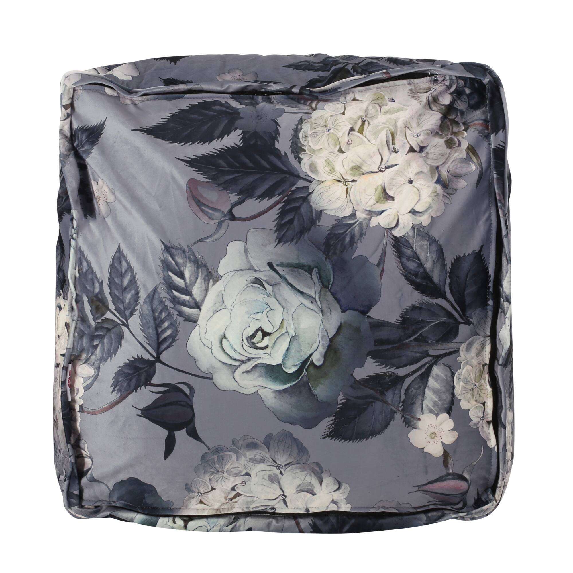 Back. GOODSILO - Large Square Pouf with Floral Design, Versatile Ottoman or Floor Cushion in Soft Velvet Fabric - Gray+Flower.