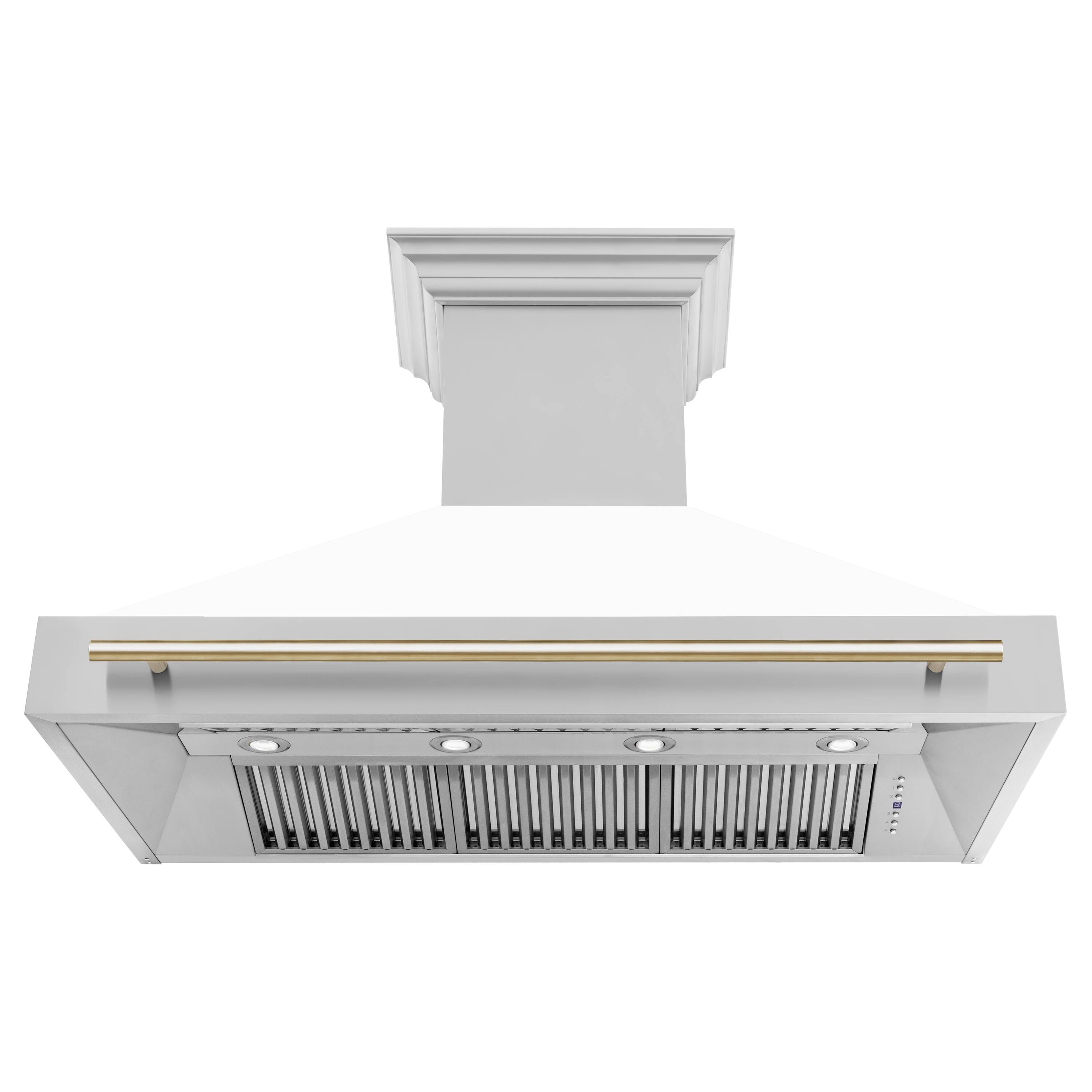 Back. ZLINE - ZLINE Autograph Edition 48 in. Stainless Steel Range Hood with White Matte Shell and Polished Gold Handle - Stainless Steel.