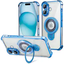 Entronix - Magnetic Case for iPhone 17 - Clear Back with Glossy Finish and Gripstand - Blue