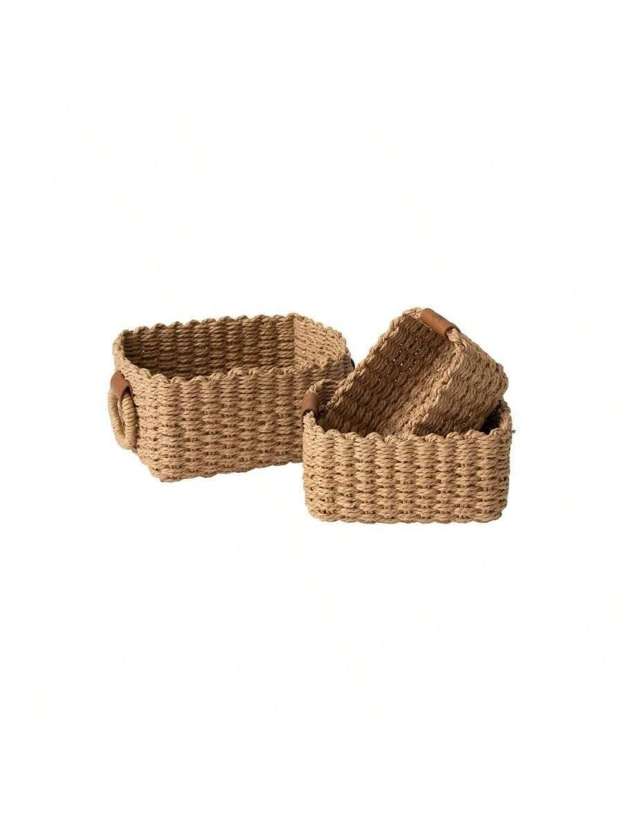 Live At Space - Small Wicker Baskets Organizing, Paper Rope Storage Basket Container Bins Shelves Bathroom Cupboards Drawer, Decorative - Desert