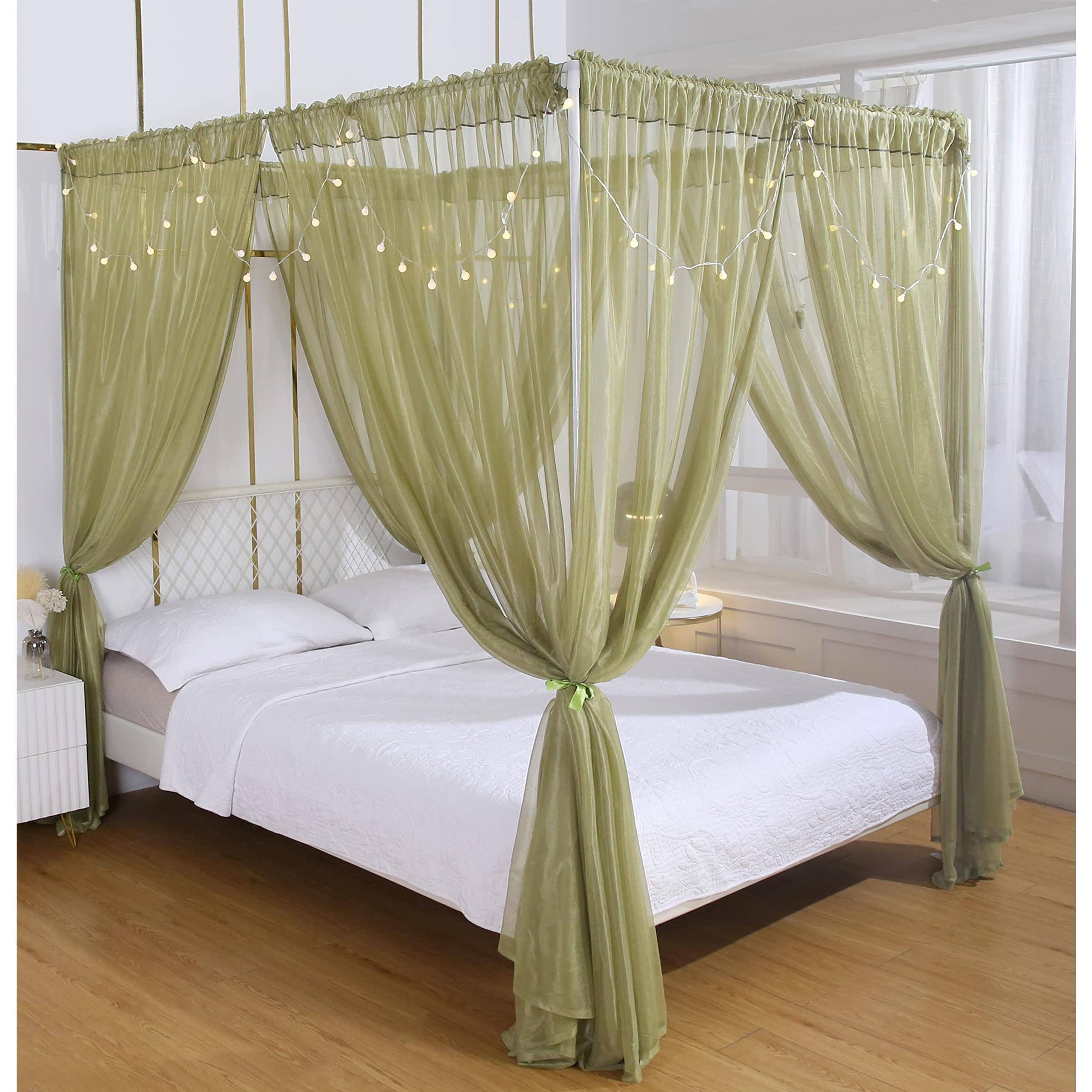 Front. PO3TICJUNKI3 - Princess Bed Curtains Set Sheer Curtain For Full Drapes 8 Panels Canopies With Light Room Decortwin - Sage Green-Full/Queen.