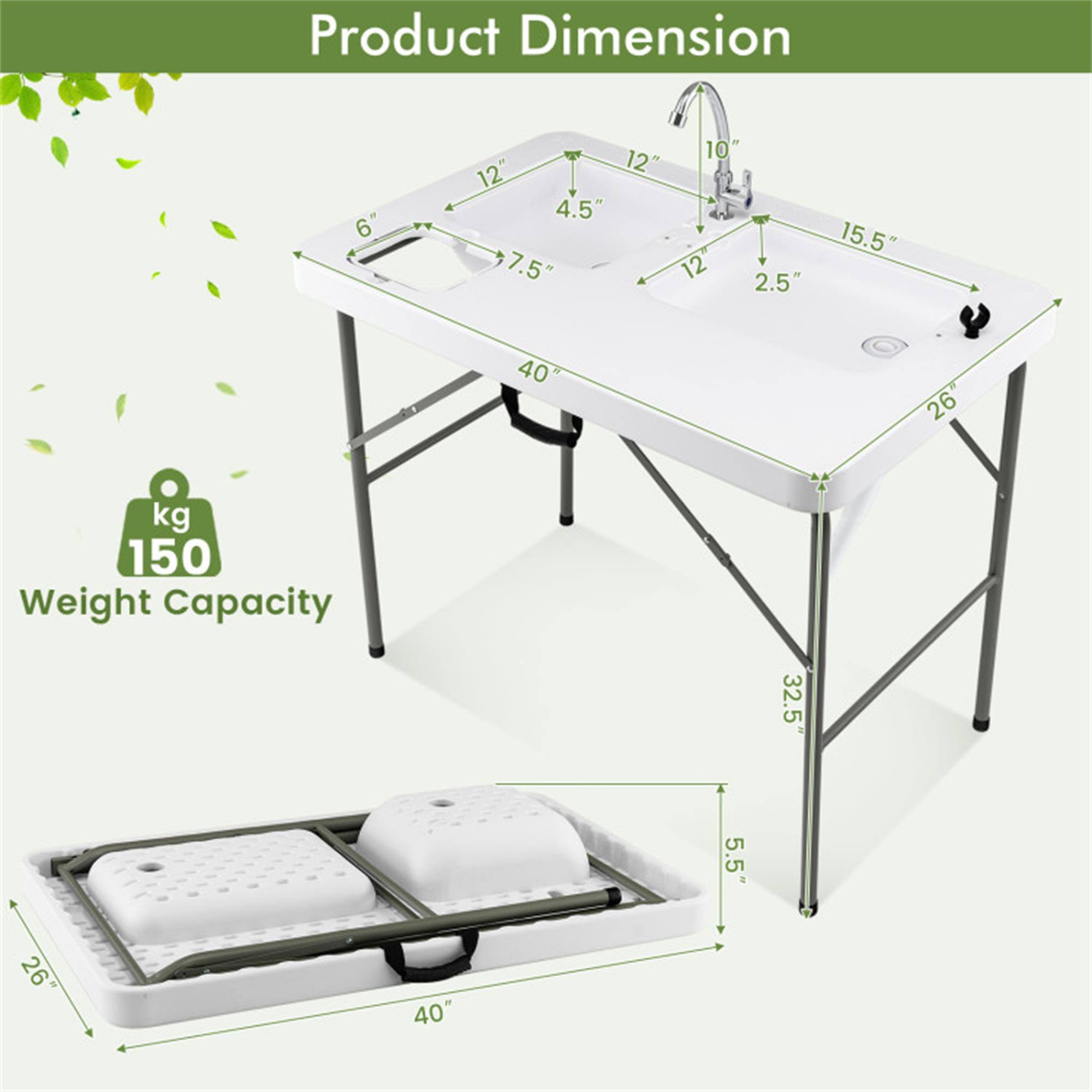 Product Dimension  
- 6"  
- 12"  
- 4.5"  
- 7.5"  
- 10"  
- 12"  
- 2.5"  
- 15.5"  
- 40"  
- 26"  
- 32.5"  
- 5.5"  

Weight Capacity: 150 kg