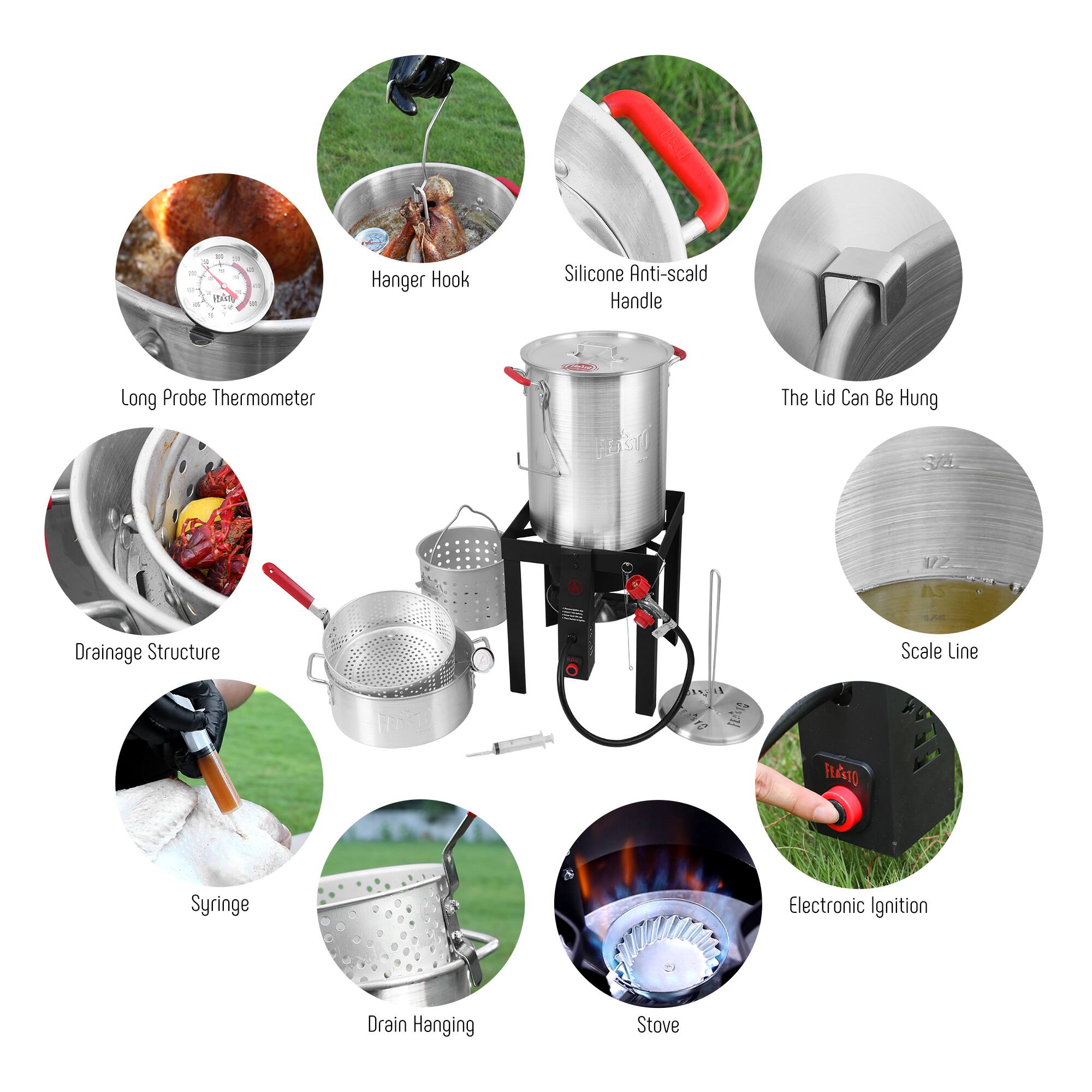 - Hanger Hook
- Silicone Anti-scald Handle
- The Lid Can Be Hung
- Scale Line
- Long Probe Thermometer
- Drainage Structure
- Syringe
- Drain Hanging
- Electronic Ignition
- Stove