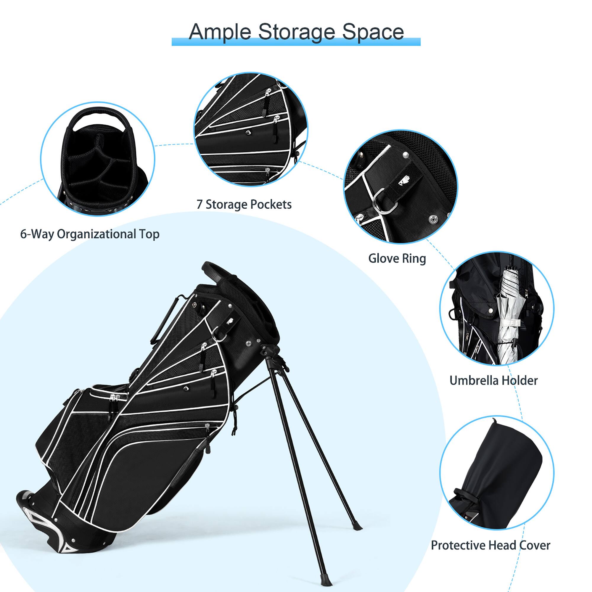 Ample Storage Space

- 6-Way Organizational Top
- 7 Storage Pockets
- Glove Ring
- Umbrella Holder
- Protective Head Cover
