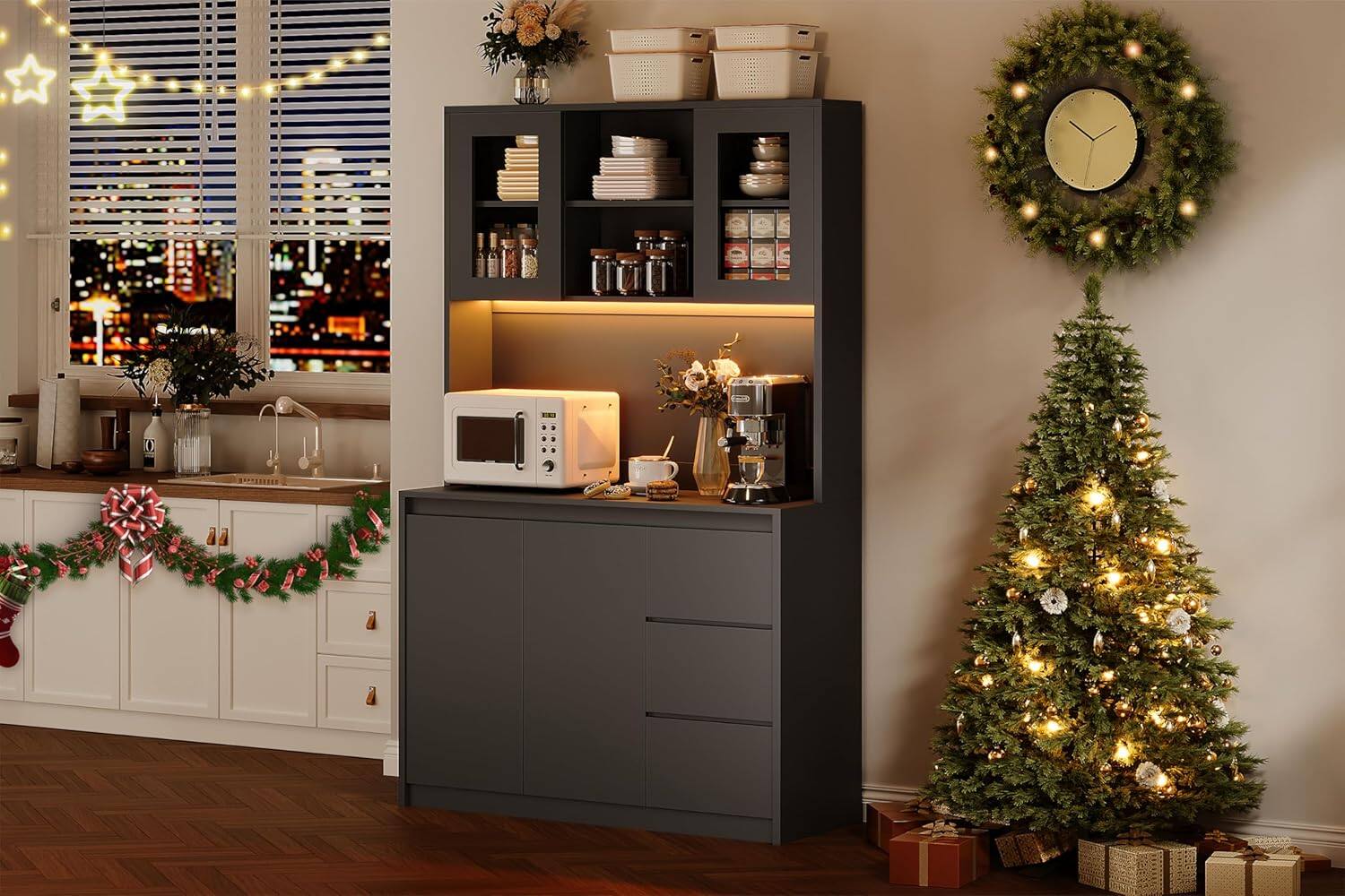 Alt View 2. Homhougo - 71" Black Kitchen Pantry Cabinet, Microwave Shelf, LED Lights & Charging - Black.