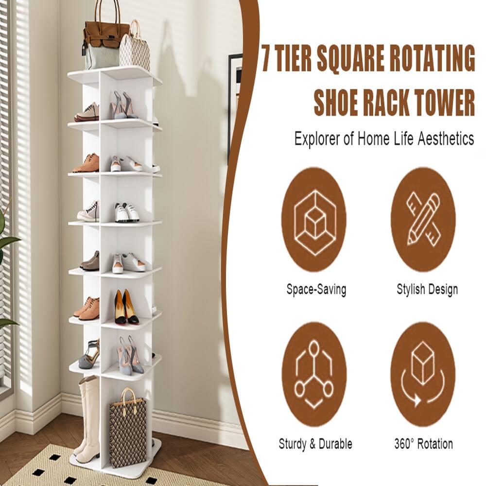 7 Tier Square Rotating Shoe Rack Tower  
Explorer of Home Life Aesthetics  

Space-Saving  
Stylish Design  
Sturdy & Durable  
360° Rotation
