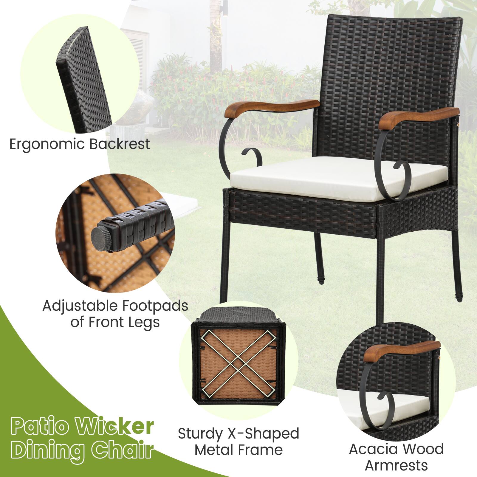 - Ergonomic Backrest
- Adjustable Footpads of Front Legs
- Sturdy X-Shaped Metal Frame
- Acacia Wood Armrests

Patio Wicker Dining Chair