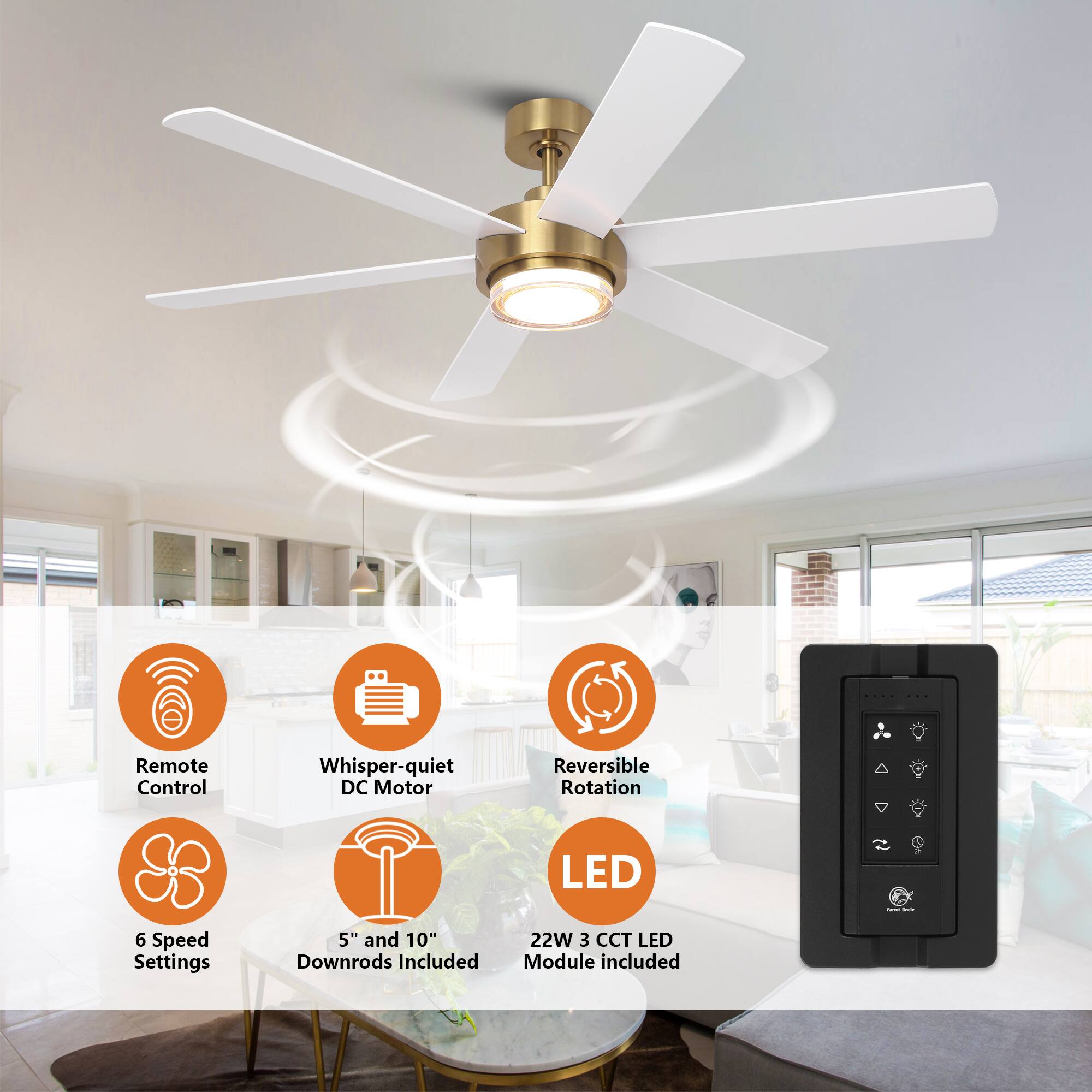 - Remote Control
- Whisper-quiet DC Motor
- Reversible Rotation
- 6 Speed Settings
- 5" and 10" Downrods Included
- 22W 3 CCT LED Module included