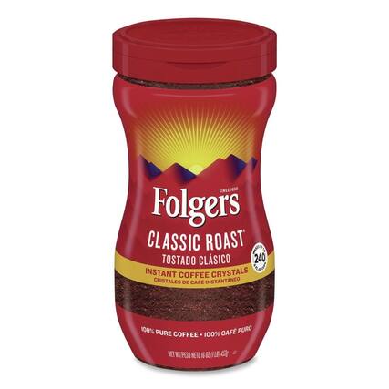 SINCE 1850
Folgers CLASSIC ROAST
TOSTADO CLÁSICO
240 CRYSTALS 4g
INSTANT COFFEE
CRISTALES DE CAFÉ INSTANTÁNEO
100% PURE COFFEE
100% CAFÉ PURO
NET WT PESO NETO 15 OZ (1LB) 453g