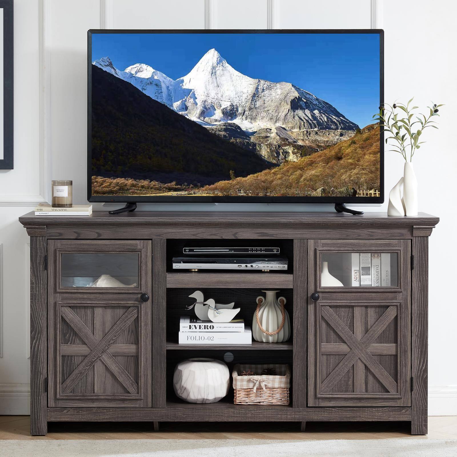 Spaco - 60.23" Farmhouse TV Stand for 75" TV , 2-Door Barn Design Media Console, Large Storage for Farmhouse Living Room - Gray