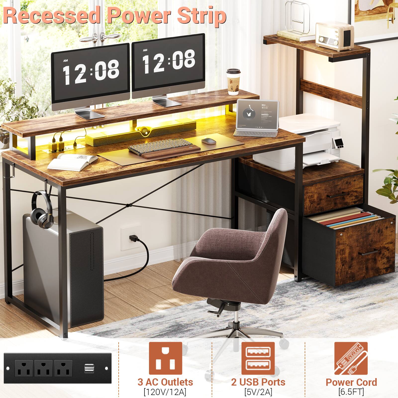 Recessed Power Strip

- 3 AC Outlets [120V/12A]
- 2 USB Ports [5V/2A]
- Power Cord [6.5FT]