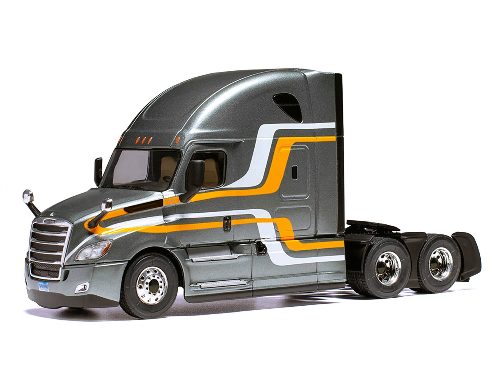 Angle. IXO - 2018 Freightliner Cascadia Truck Tractor Gray Metallic with Stripes 1/43 Diecast Model by IXO Models - Grey, Yellow, White.