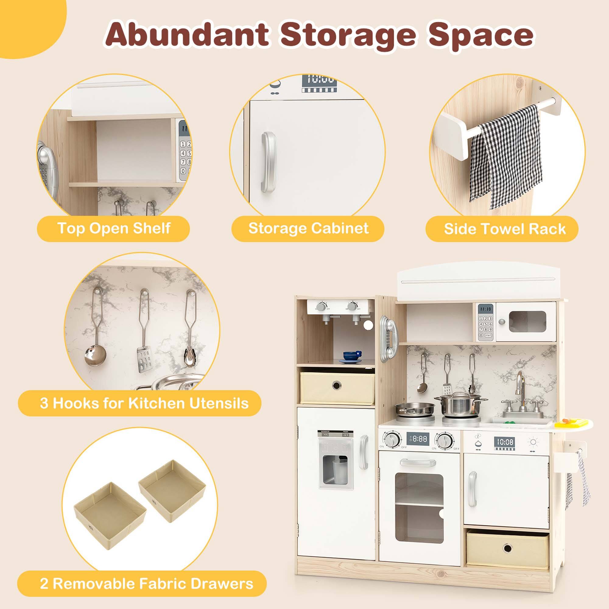 Abundant Storage Space

- Top Open Shelf
- Storage Cabinet
- Side Towel Rack
- 3 Hooks for Kitchen Utensils
- 2 Removable Fabric Drawers
