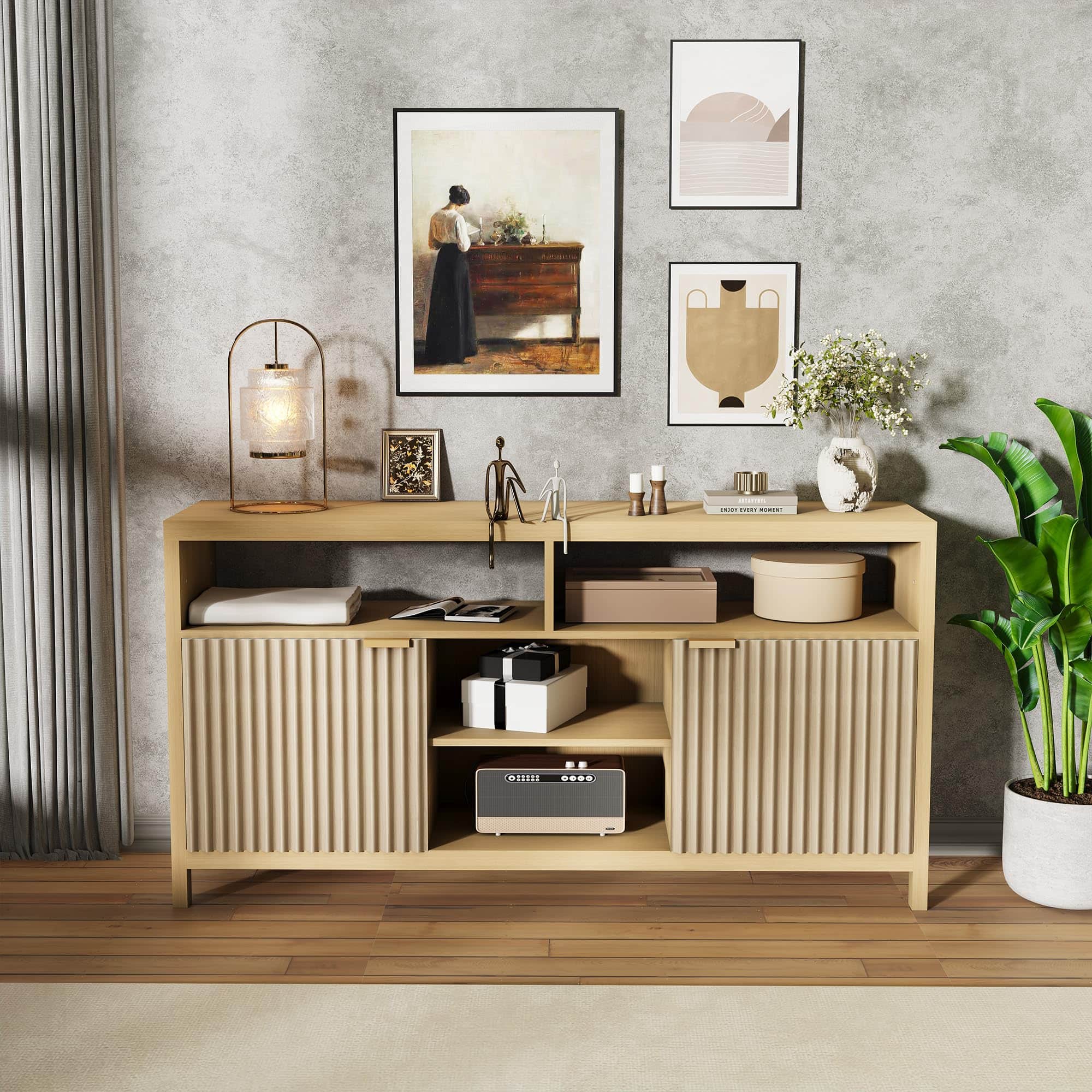 Acekool - Fluted TV Stand for 65" TV, Mid Century Modern Media Console with Storage - Adjustable Shelves, Farmhouse TV Cabinet - Brown