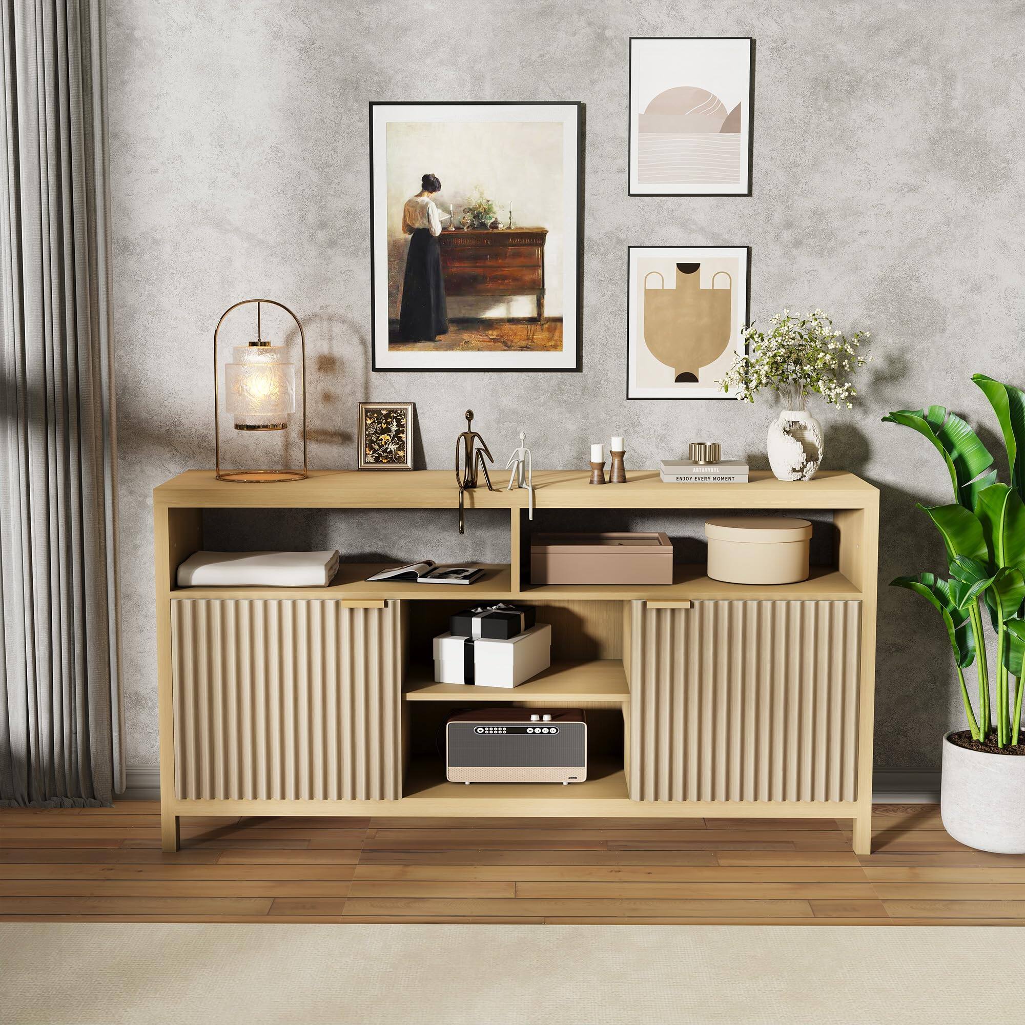 Acekool - Fluted TV Stand for 65" TV, Mid Century Modern Media Console with Storage - Adjustable Shelves, Farmhouse TV Cabinet - Brown