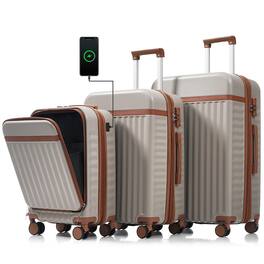 TinyHomie - Luggage Set of 3 20inch with USB Port front opening design Airline Certified Carry on Luggage with Spinner Wheels - khaki