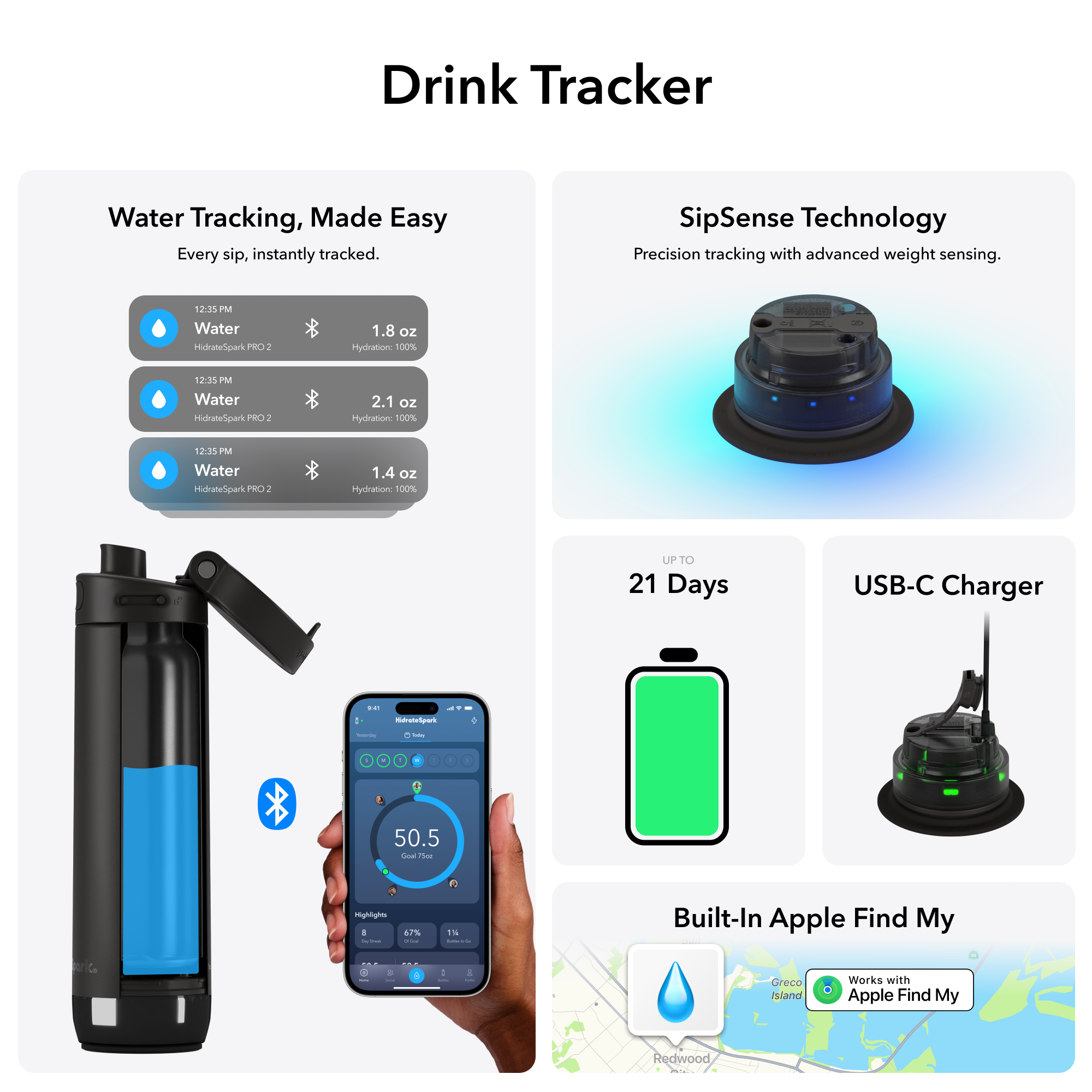 **Water Tracking, Made Easy**  
Every sip, instantly tracked.

- 12:35 PM Water  
  HidrateSpark PRO 2  
  1.8 oz  
  Hydration: 100%

- 12:35 PM Water  
  HidrateSpark PRO 2  
  2.1 oz  
  Hydration: 100%

- 12:35 PM Water  
  HidrateSpark PRO 2  
  1.4 oz  
  Hydration: 100%

**SipSense Technology**  
Precision tracking with advanced weight sensing.

**UPTO 21 Days**

**USB-C Charger**

**Built-In Apple Find My**  
Works with Apple Find My  
- Greco Island  
- Redwood