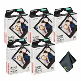 Fujifilm - 5xFUJIFILM INSTAX SQUARE Black Instant Film (10 Exposures), Microfiber Cleaning Cloth, Bundle