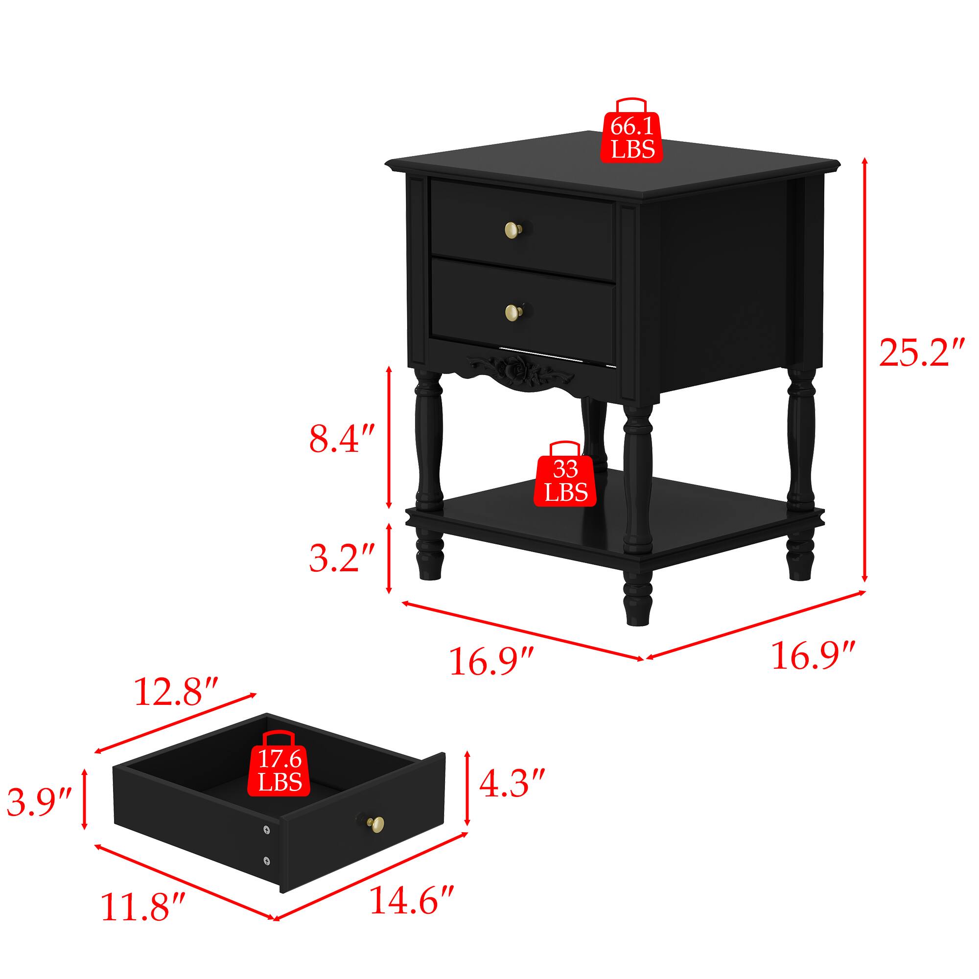 66.1 LBS 25.2" 8.4" 33 LBS 3.2" 12.8" 16.9" 16.9" 3.9" 17.6 LBS 4.3" 11.8" 14.6"