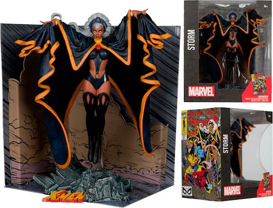 The image features a Marvel Comics inspired Storm figure, which is a part of the Marvel Tales comic series. The figure is displayed in a box, and it appears to be a collectible item. The box also contains a comic book, which is likely related to the Storm character. The overall theme of the image revolves around the Marvel Comics universe and the Storm character.
