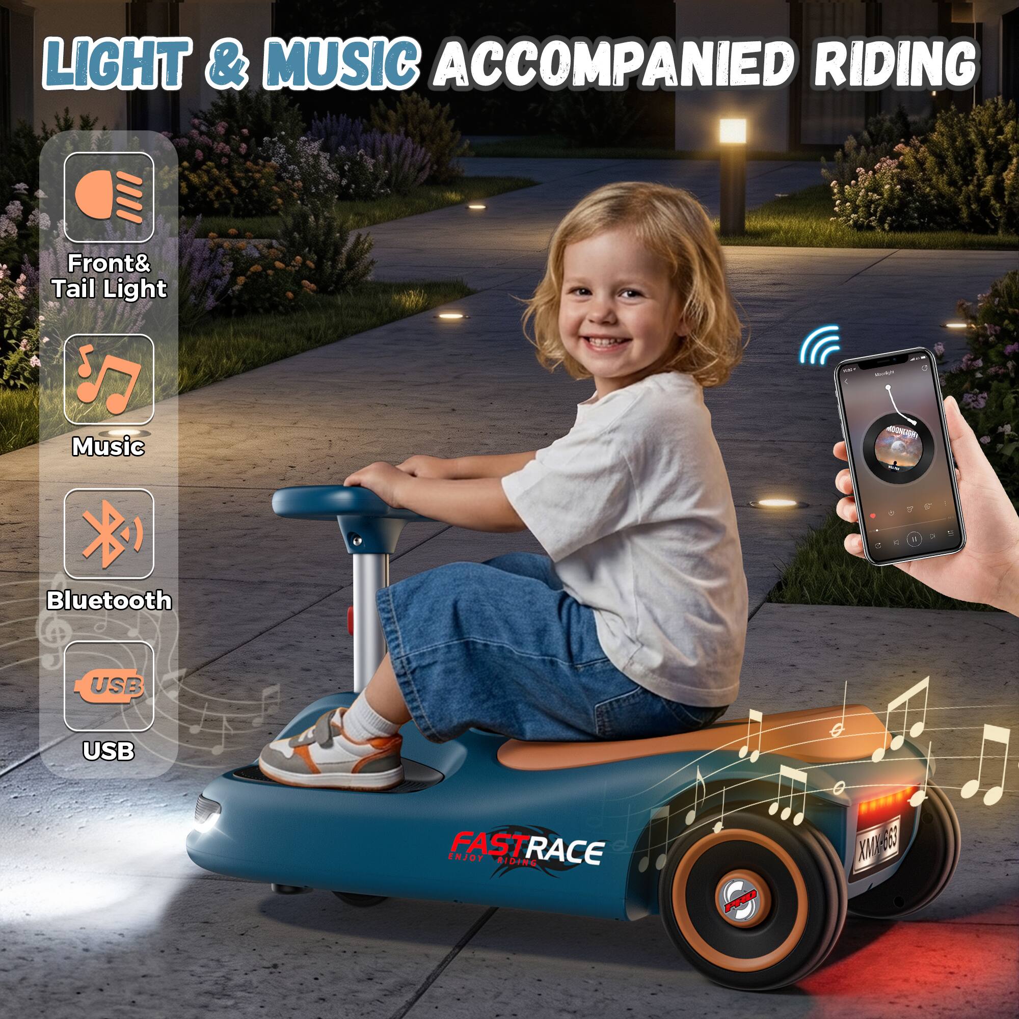 LIGHT & MUSIC ACCOMPANIED RIDING

Front& Tail Light

Music

Bluetooth

USB

USB

ENJOY FASTRACE RIDING