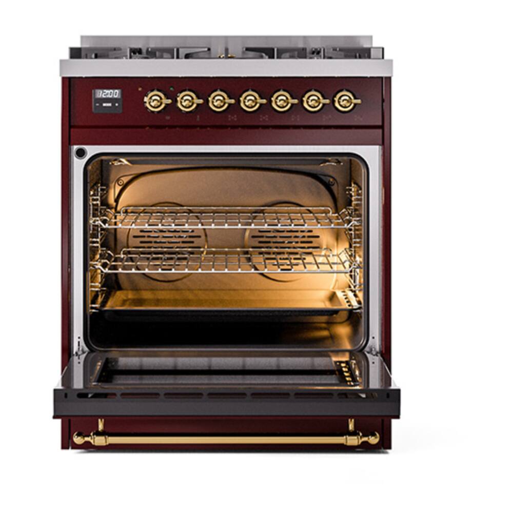Alt View 5. ILVE - ILVE Nostalgie II 30 inch Dual Fuel Range with 5 Burners (Natural Gas, Burgundy, Brass Trim) - Burgundy.