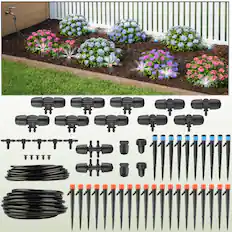 Front. Pure Garden - 100ft Adjustable Drip Irrigation System with Sprinklers for Yard, Drip Irrigation Emitters, 1/4” Tubing and 5/16” Hose - Black.