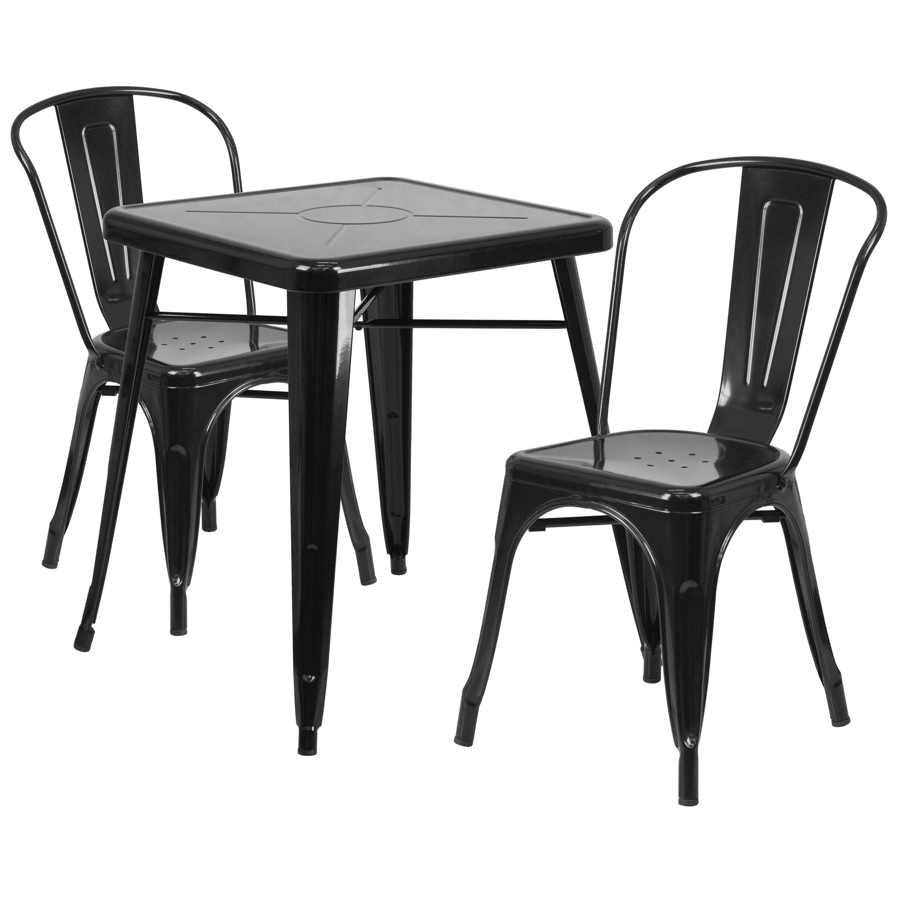 Alt View 1. Emma + Oliver - Commercial Grade 23.75" Square Metal Indoor-Outdoor Table Set w/ 2 Stack Chairs - Black.