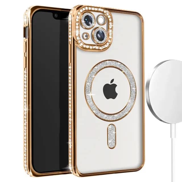 Front. Entronix - Entronix Magnetic Case for iPhone 15 Plus - Clear Back with Luxury Rhinestones - Gold.