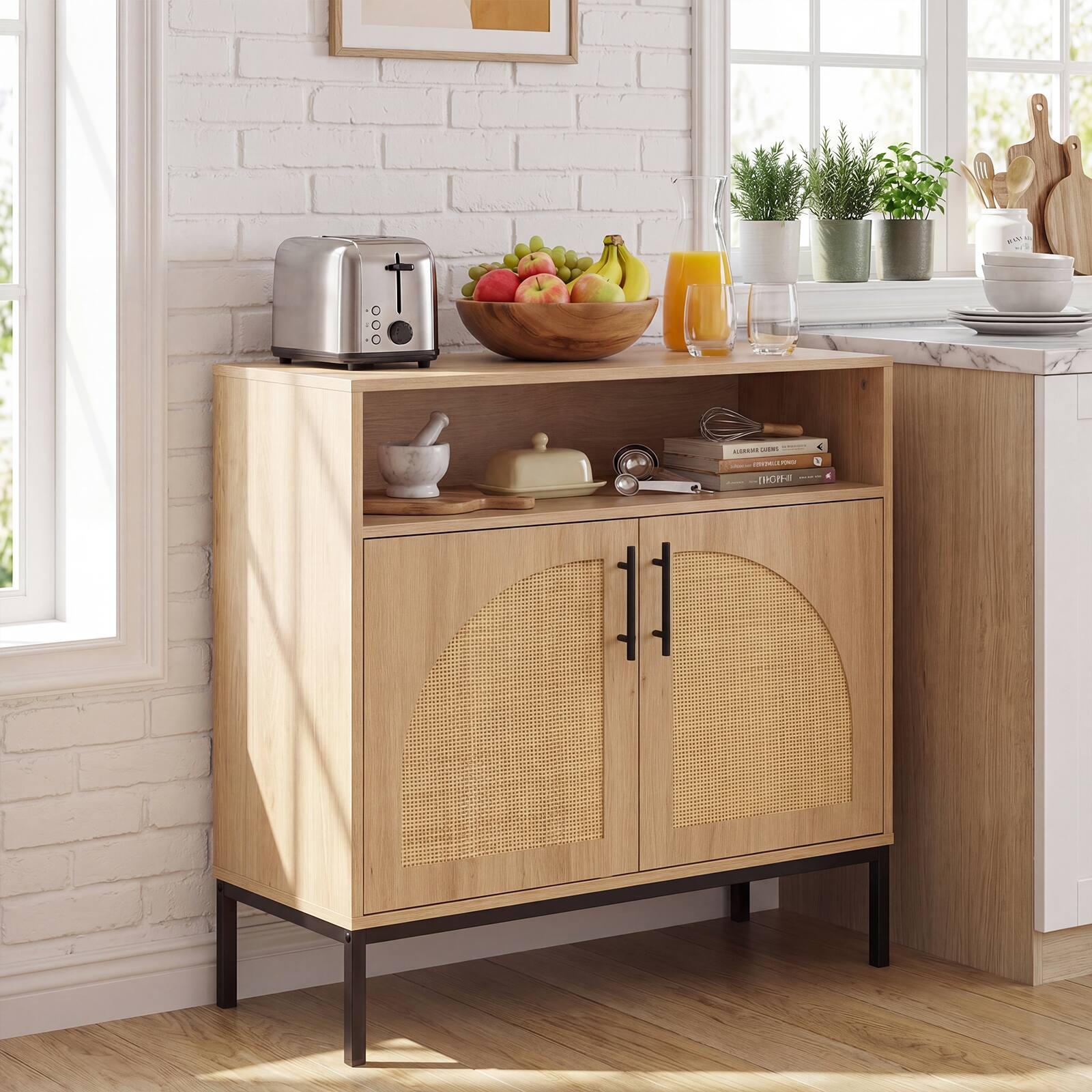 Alt View 3. Costway - Costway 1 PCS 32" Sideboard Buffet Cabinet with Natural Rattan Decorated Doors, Adjustable Shelf - Natural.