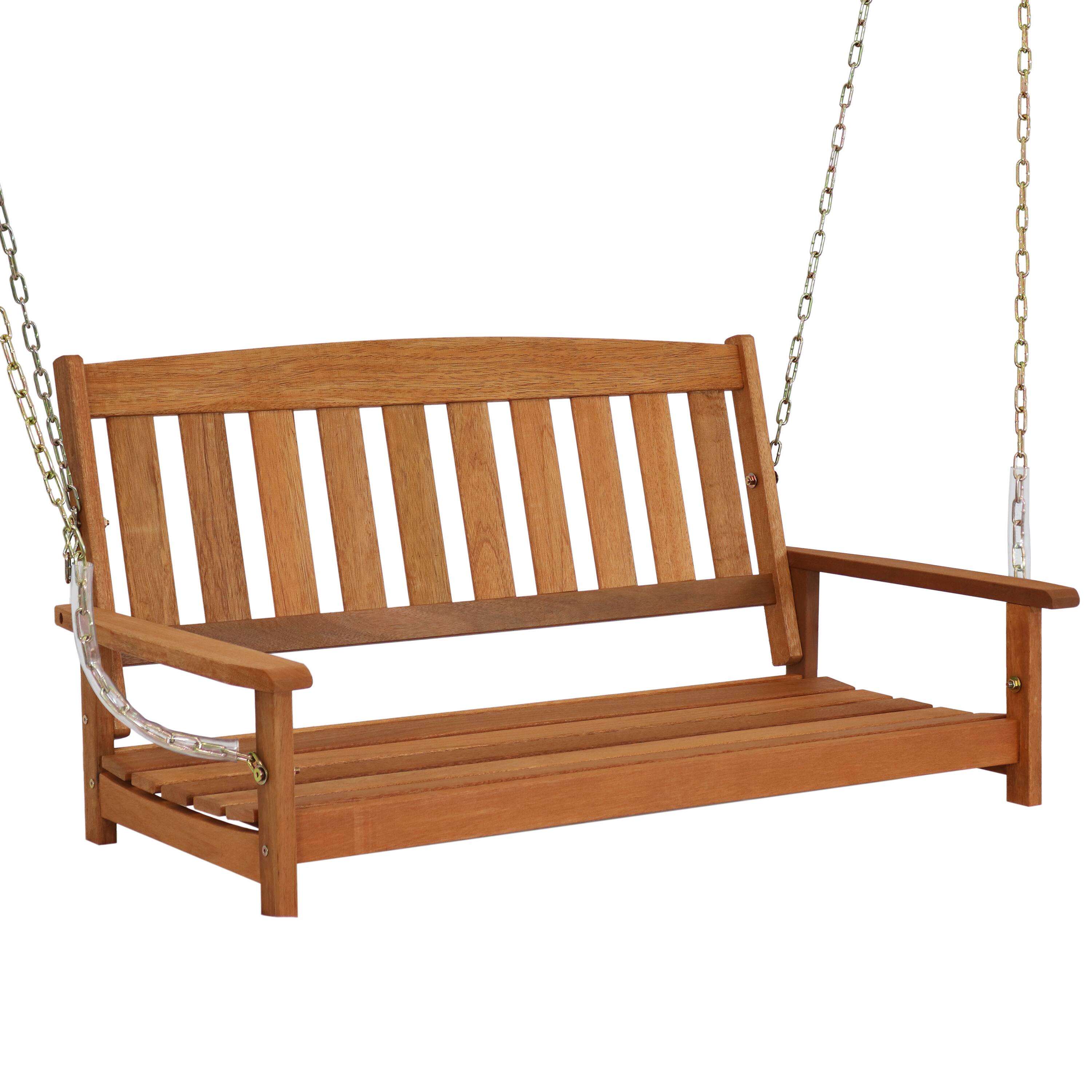 Front. Sunnydaze - 2-Person Hanging Bench with Armrests/Chains - Meranti Wood - Brown.