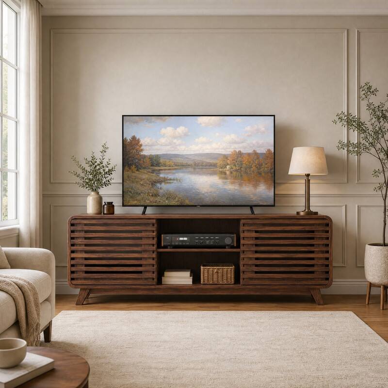 Angle. WELLFOR - Mid Century Modern TV Stand for TVs up to 65",Entertainment Center with Grille-style Sliding Doors for Living Room - Walnut.